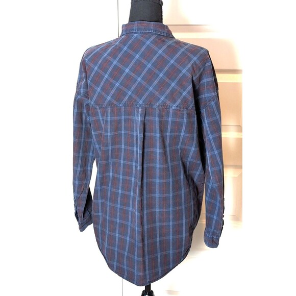 Zara Blue Plaid Blouse Size M Oversized Embellished Beaded Pocket Button Up Boho - Picture 3 of 10